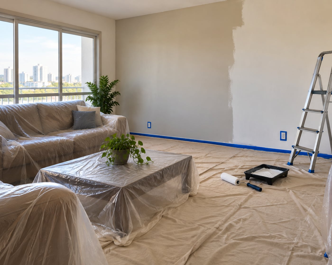 Sala em obra com sofá coberto por plástico, piso forrado com lona e rodapés protegidos com fita