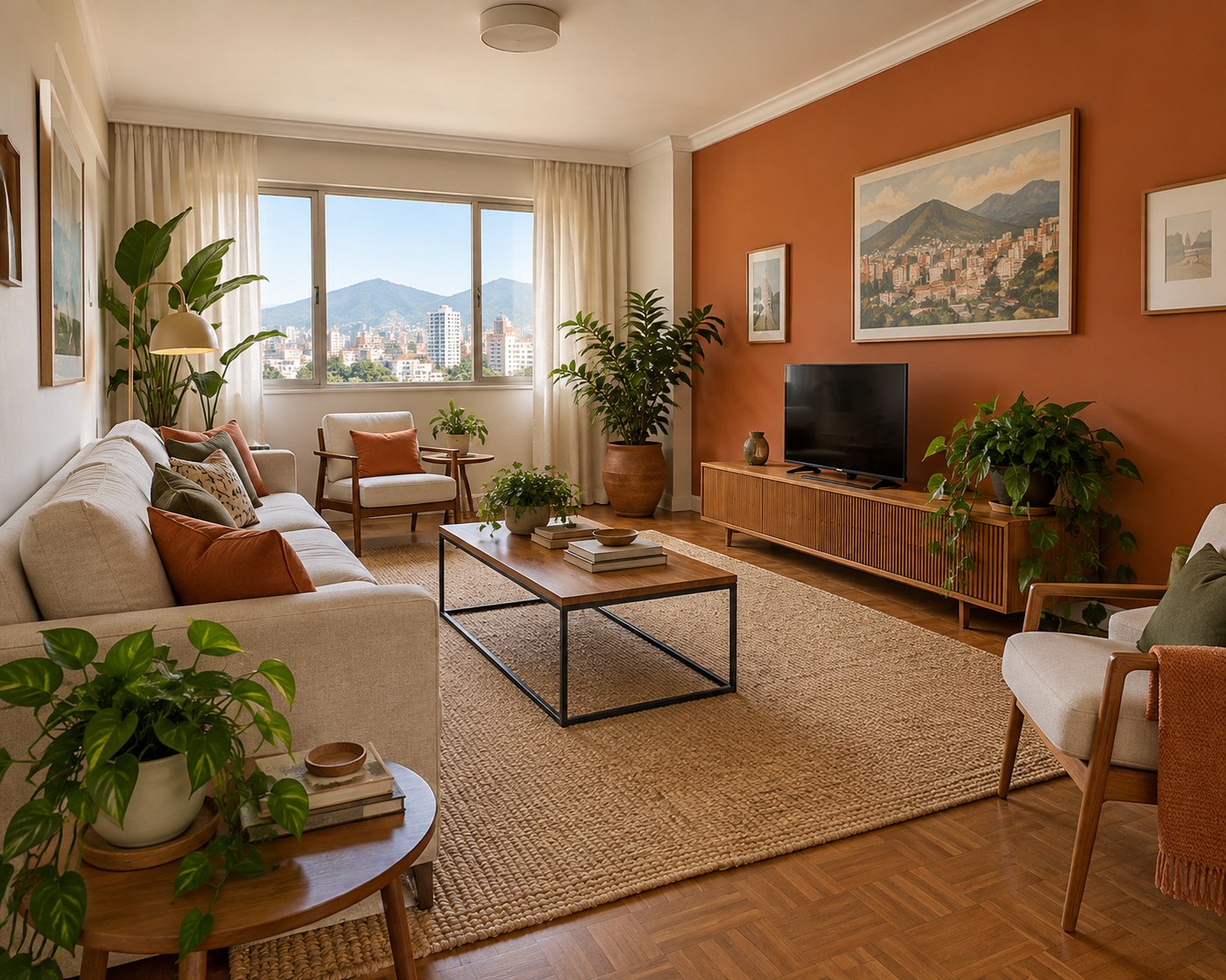 Sala pintada em off-white com uma parede terracota, rodapé branco e plantas